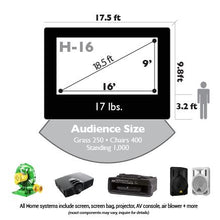 Load image into Gallery viewer, 16ā x 9ā Inflatable Screen - Sizing Diagram. Projector, speakers, air blower, media console